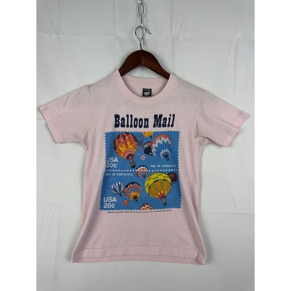 Vintage 1990 USPS Balloon Mail Stamp Shirt Pink S/S Hot Air Balloon Sz. 14-16